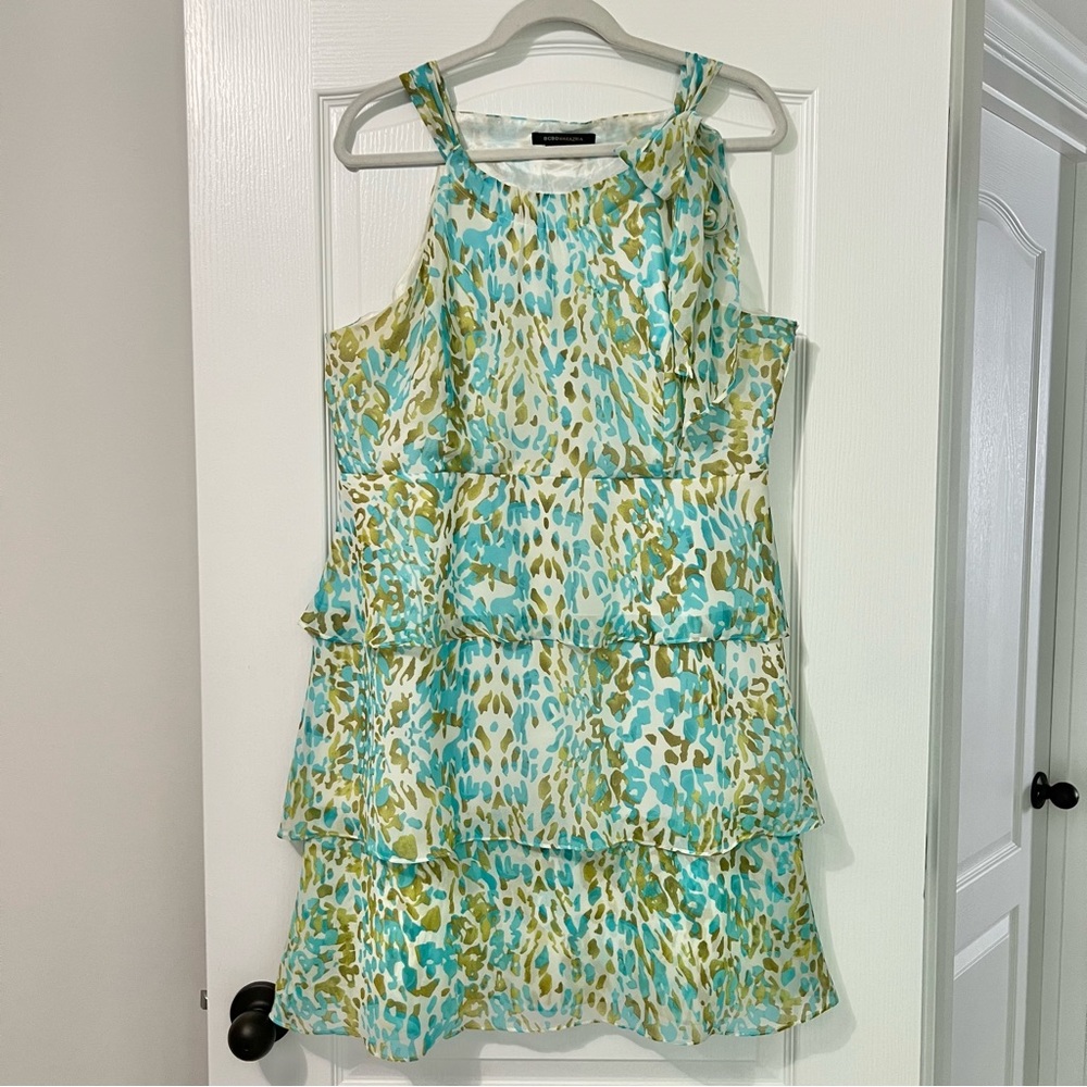 BCBGMaxAzria Blue and Green Leopard Animal Print Tiered Chiffon Mini Dress